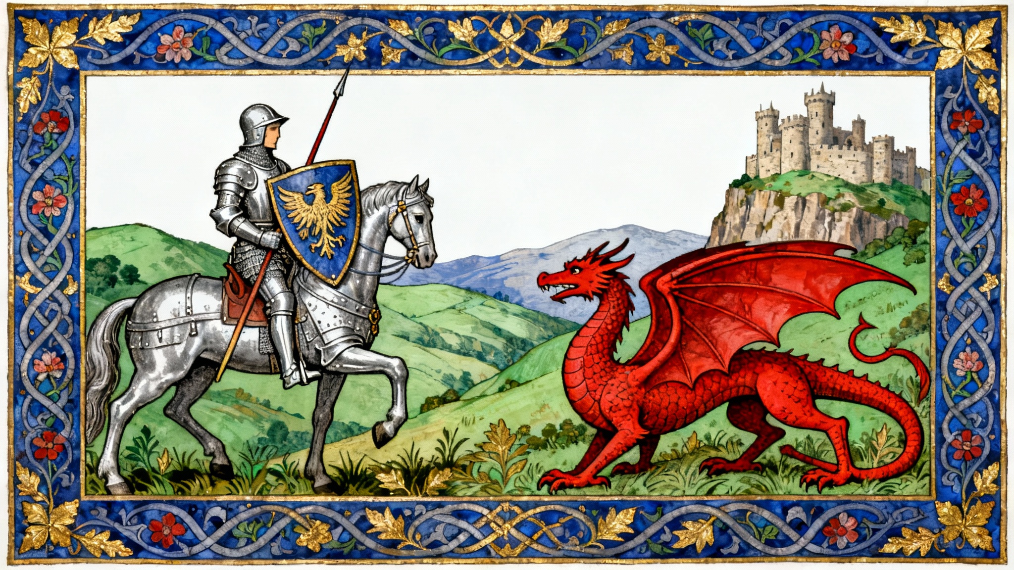 A medieval-style artwork depicting a knight on horseback fighting a red dragon, framed by an ornate floral border with gold accents, on a white background.