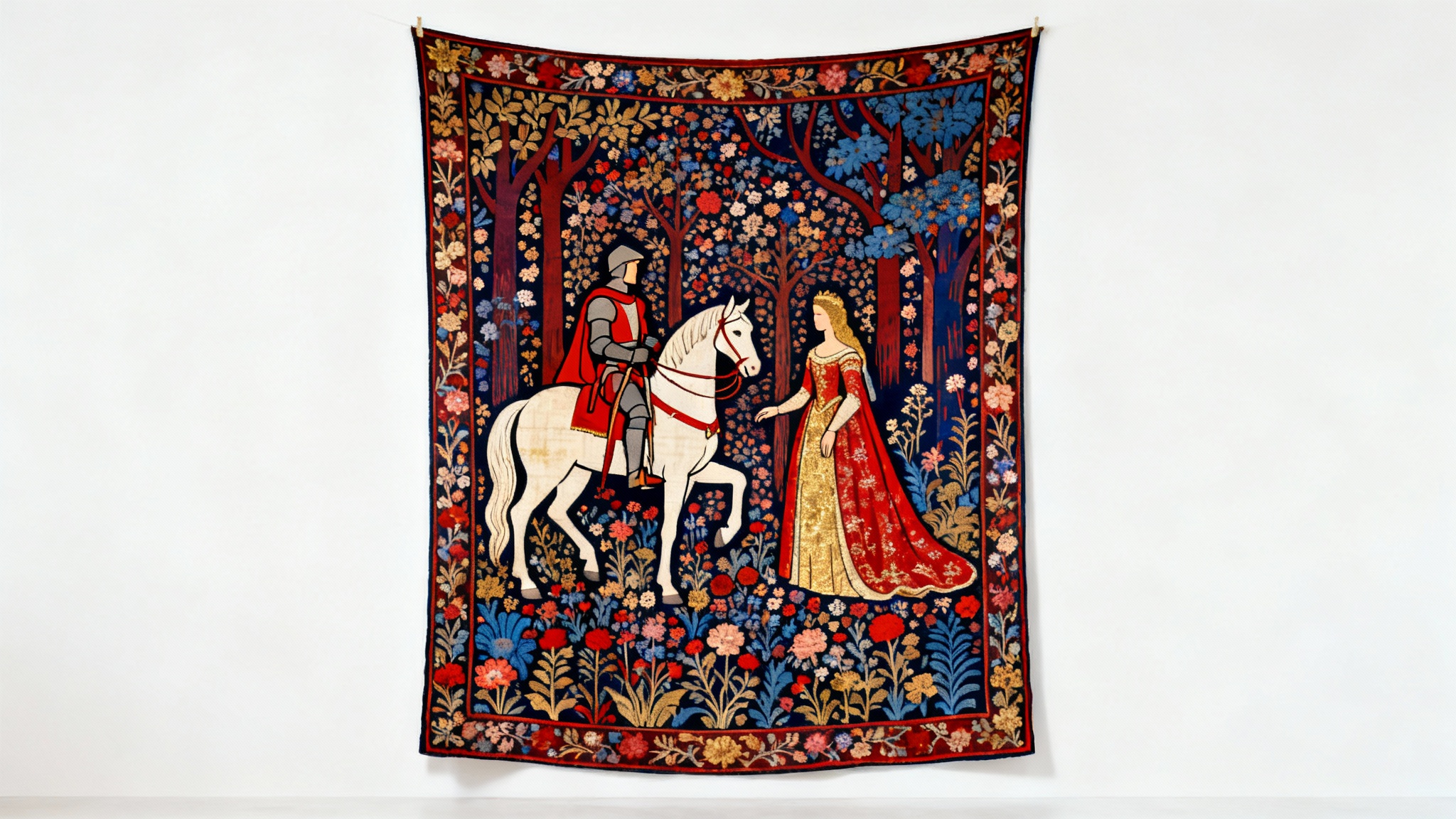 A detailed medieval tapestry in the millefleur style, showing a knight and a princess in a forest full of flowers, presented as a mockup on a white background.