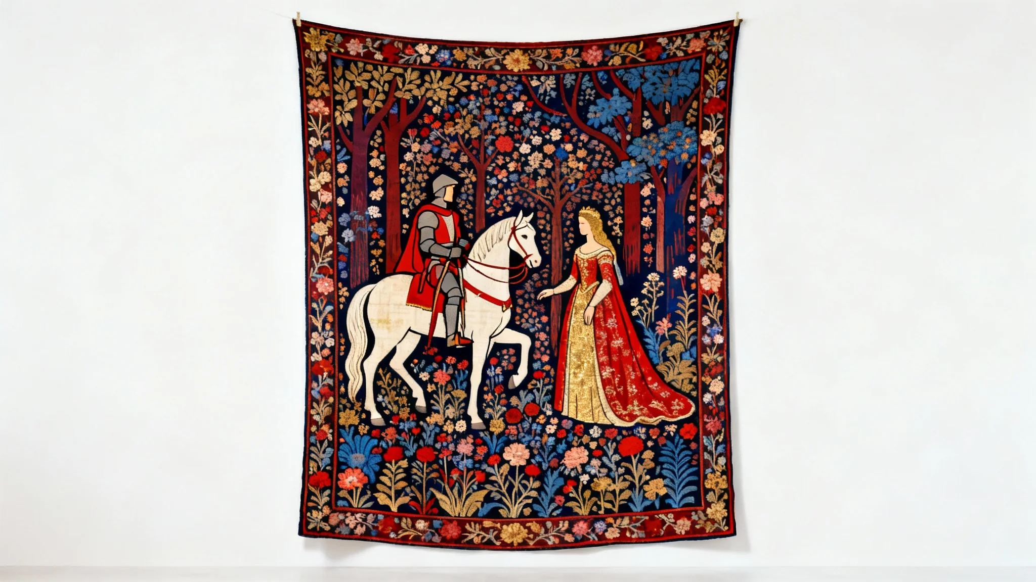 A detailed medieval tapestry in the millefleur style, showing a knight and a princess in a forest full of flowers, presented as a mockup on a white background.