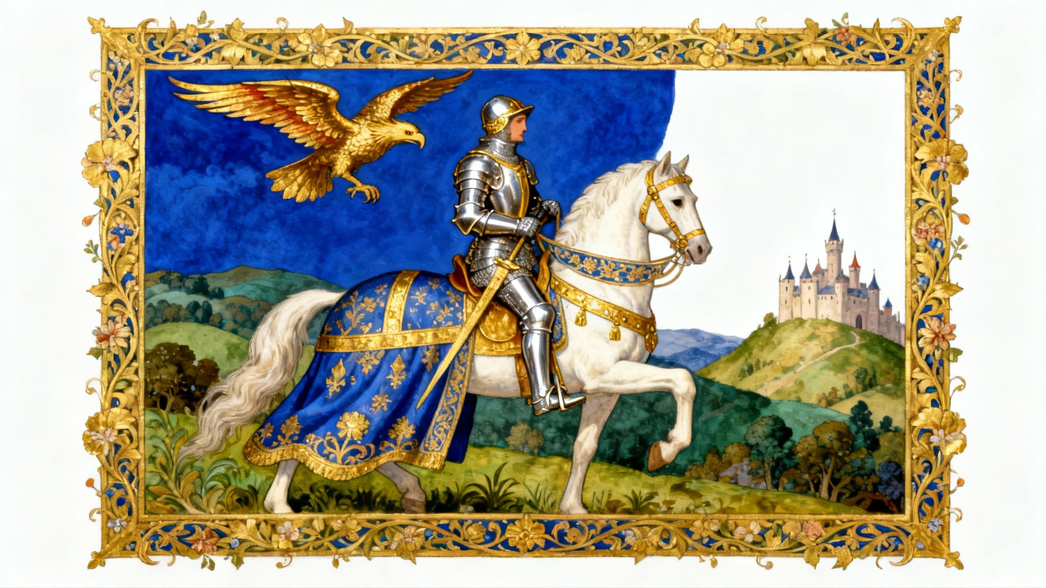 A medieval art piece in the style of an illuminated manuscript, showing a knight in ornate armor on a horse with a griffin and castle in the background, all framed by a decorative golden border.