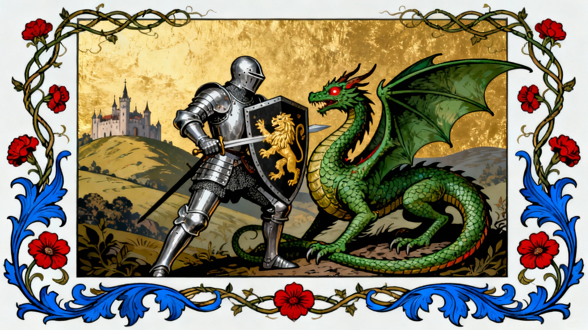 A digital illustration in the medieval art style, showing a knight fighting a dragon. The artwork is framed with a decorative border and presented on a clean white background.