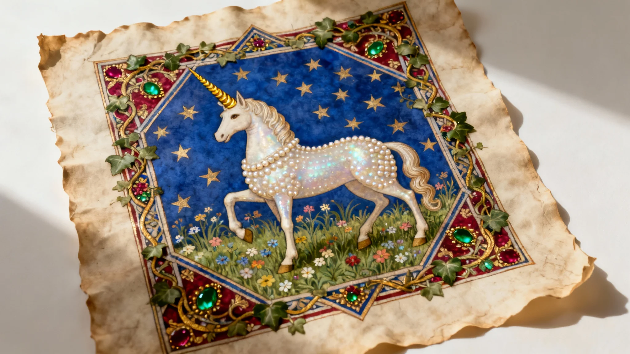A piece of medieval art in the illuminated manuscript style, featuring a majestic unicorn in a field of flowers, framed by an ornate border and set against a solid white background.