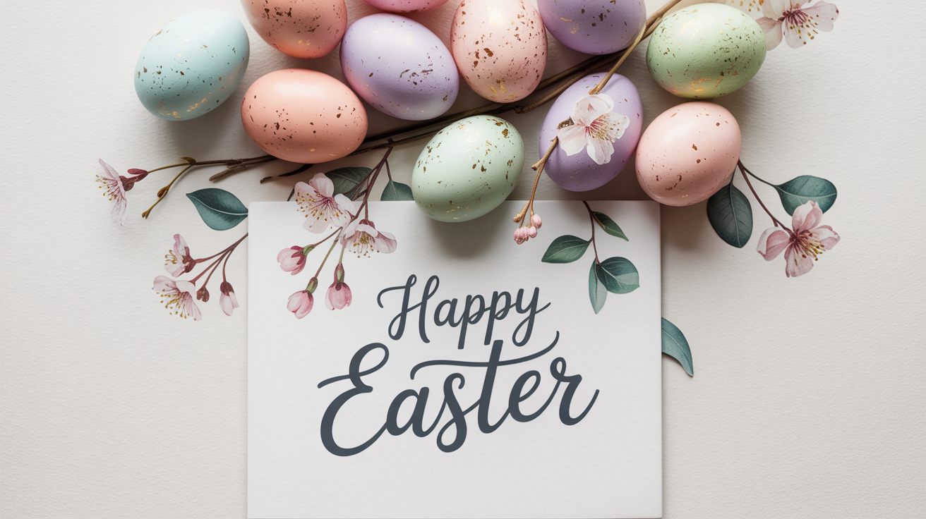 A professionally designed Easter card with pastel eggs and flowers, featuring the text 'Happy Easter' on a clean background.