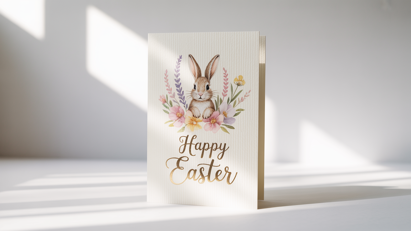 A modern Easter card with a watercolor bunny illustration and 'Happy Easter' in gold script, standing on a clean white background.
