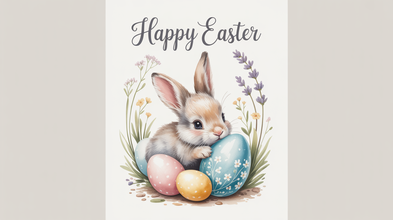 A mockup of a modern Easter card on a white background, featuring a watercolor illustration of a cute bunny behind a decorated egg and the text 'Happy Easter'.