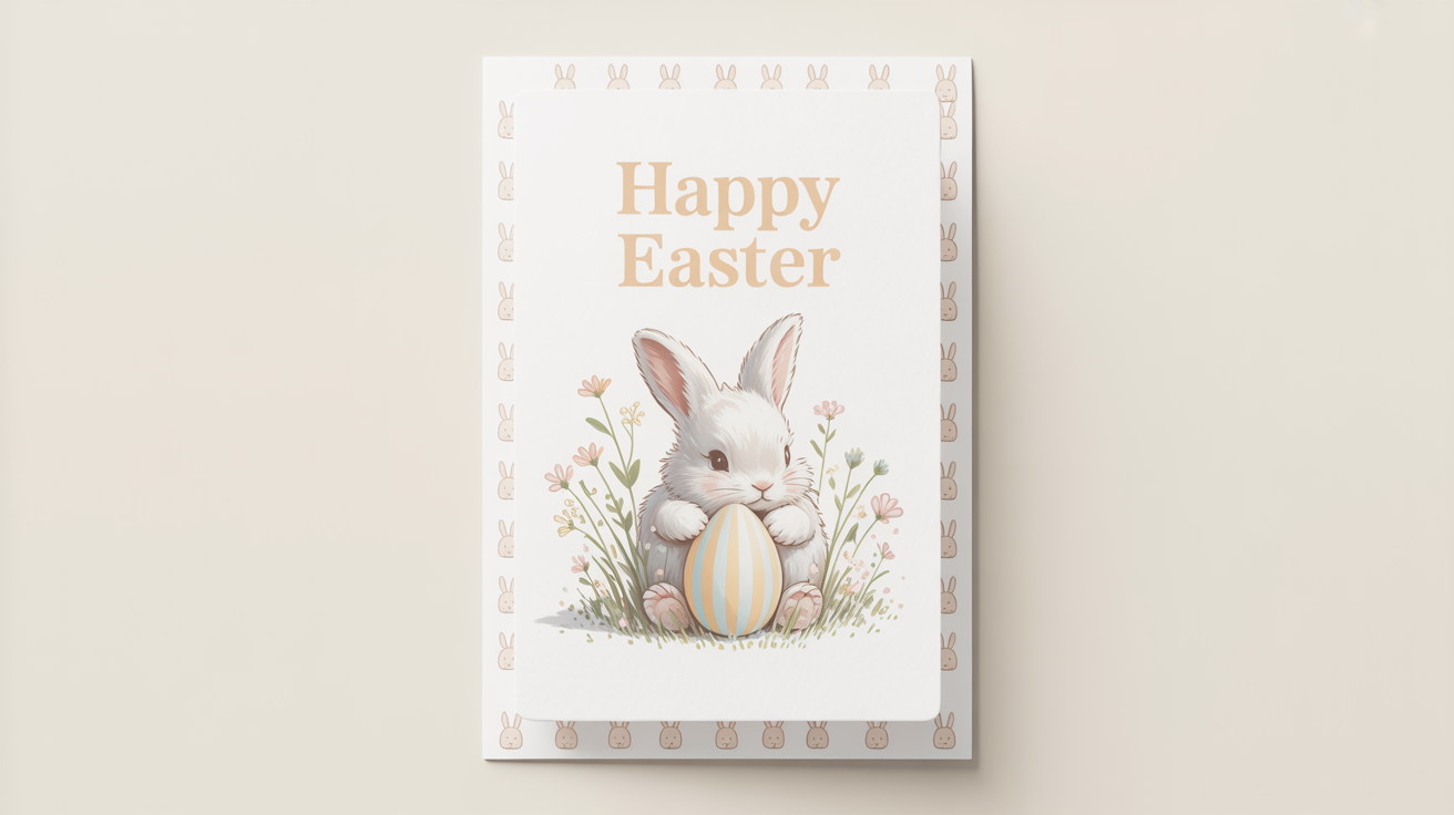 A mockup of a modern Easter card on a white background. The card shows a cute, minimalist bunny holding a pastel egg, with the text 'Happy Easter' written above.