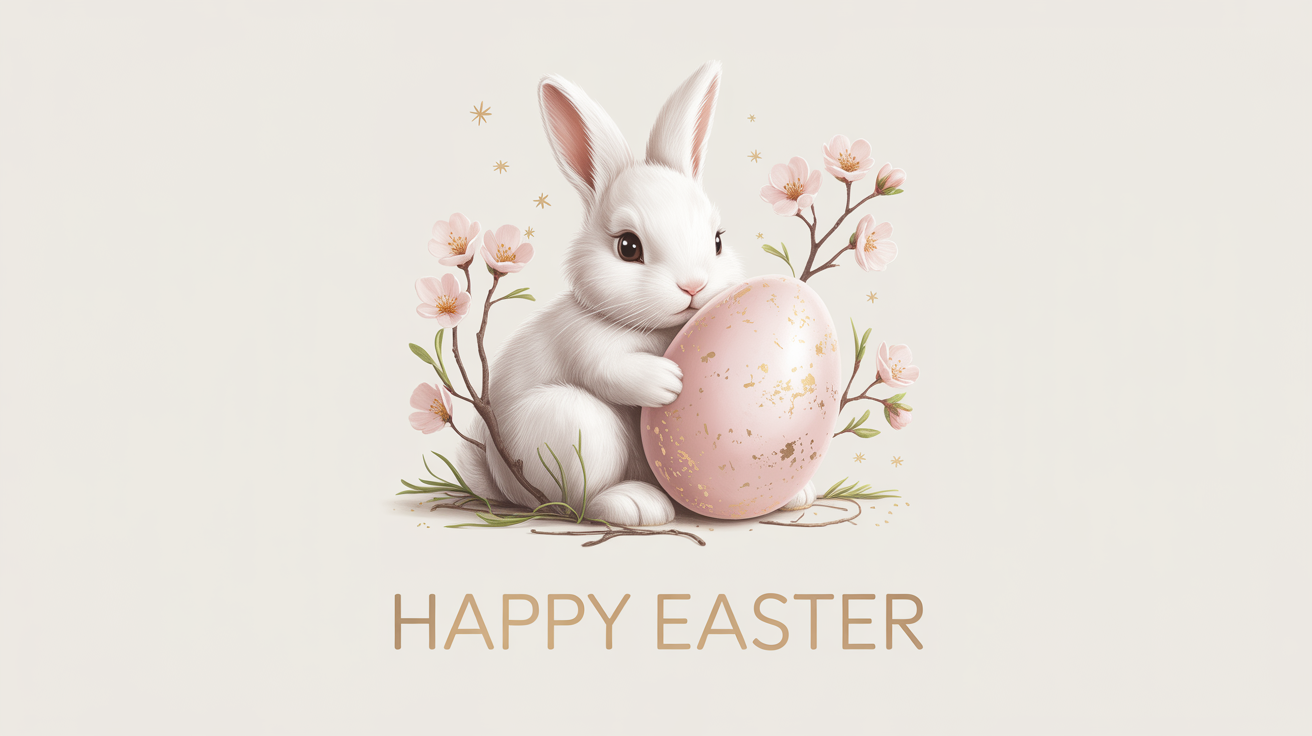 A product mockup of a sophisticated Easter card on a white background, featuring a minimalist bunny illustration and the words 'Happy Easter' in gold foil.
