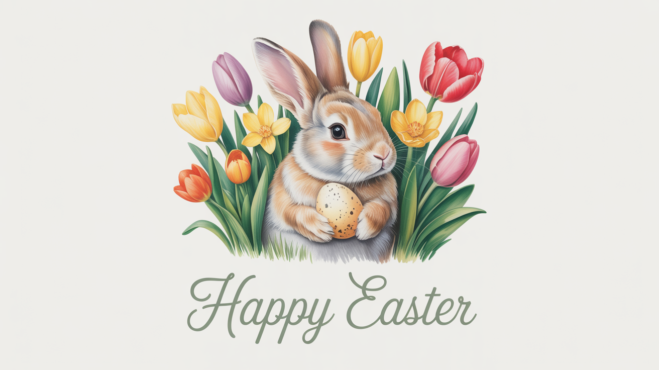 A mockup of a modern Easter card with a watercolor illustration of a bunny holding an egg and the text 'Happy Easter', standing on a clean white background.
