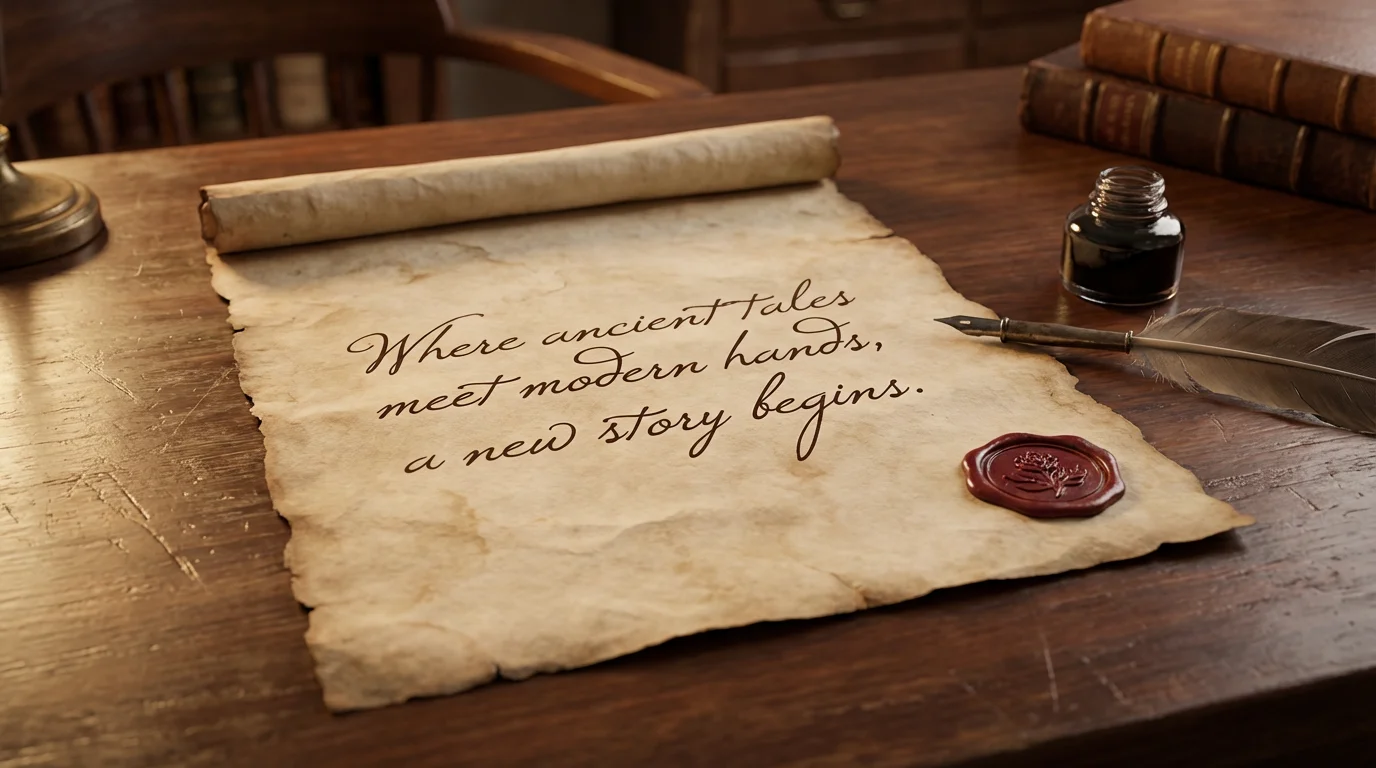 An overhead shot of a finished design on aged parchment paper, featuring elegant calligraphy writing. The scene is styled with a quill pen, an inkwell, and a red wax seal on a dark wooden table, creating a vintage and professional look.