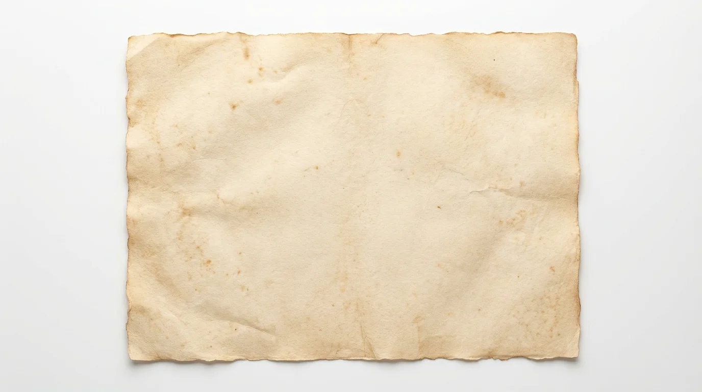 A detailed, top-down photograph of a single sheet of aged parchment paper with a textured, fibrous surface and uneven edges, presented against a clean white background.