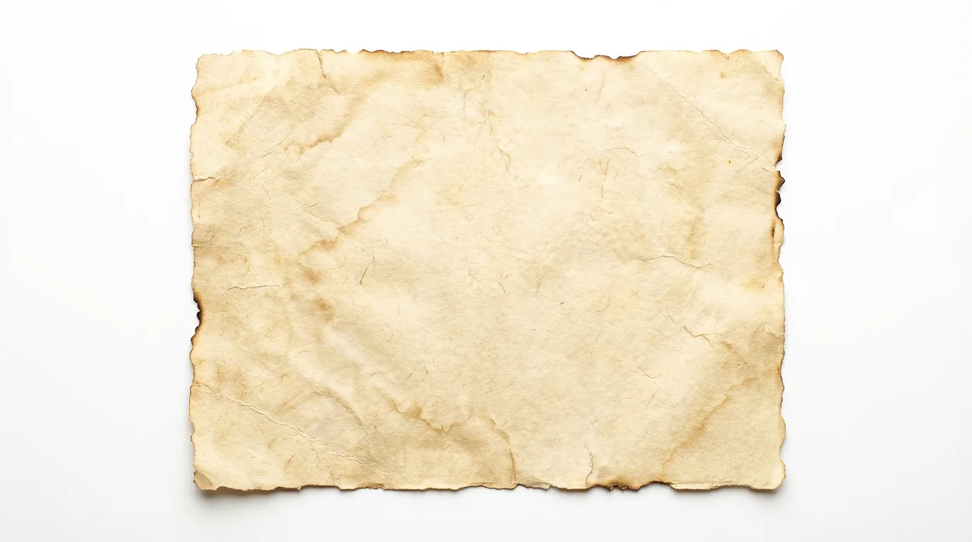 A detailed, top-down photograph of a single sheet of aged, yellowed parchment paper with frayed edges, displayed against a stark white background.