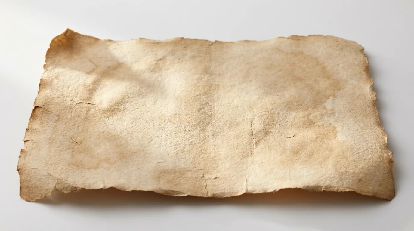 A detailed mockup of a single sheet of aged, textured parchment paper with frayed edges, set against a clean white background.