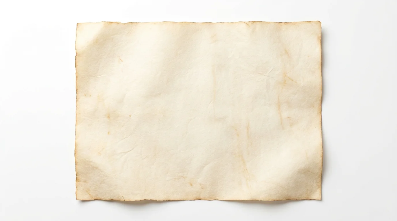 A detailed photograph of a single sheet of old parchment paper, showcasing its fibrous texture and deckled edges, placed on a clean white background.