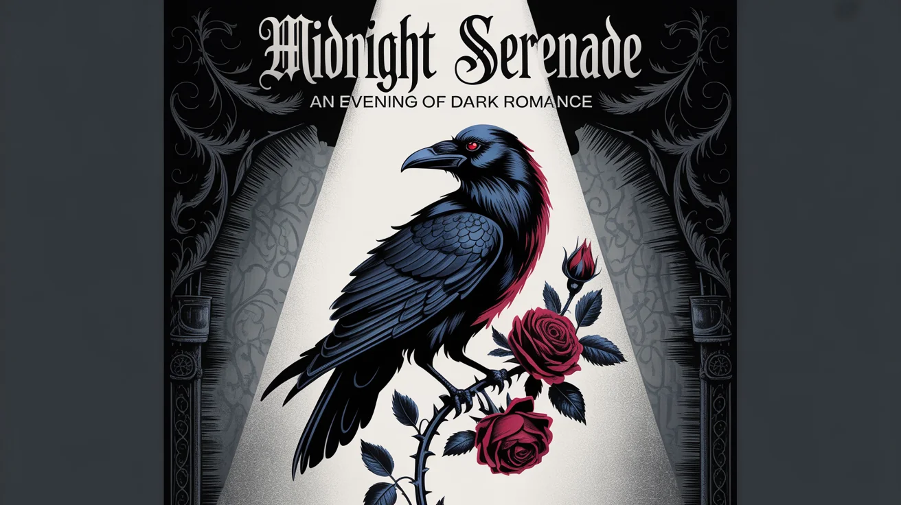 A professionally designed gothic poster for an event called 'Midnight Serenade', featuring a stylized raven, thorny roses, and ornate typography in black, grey, and red.