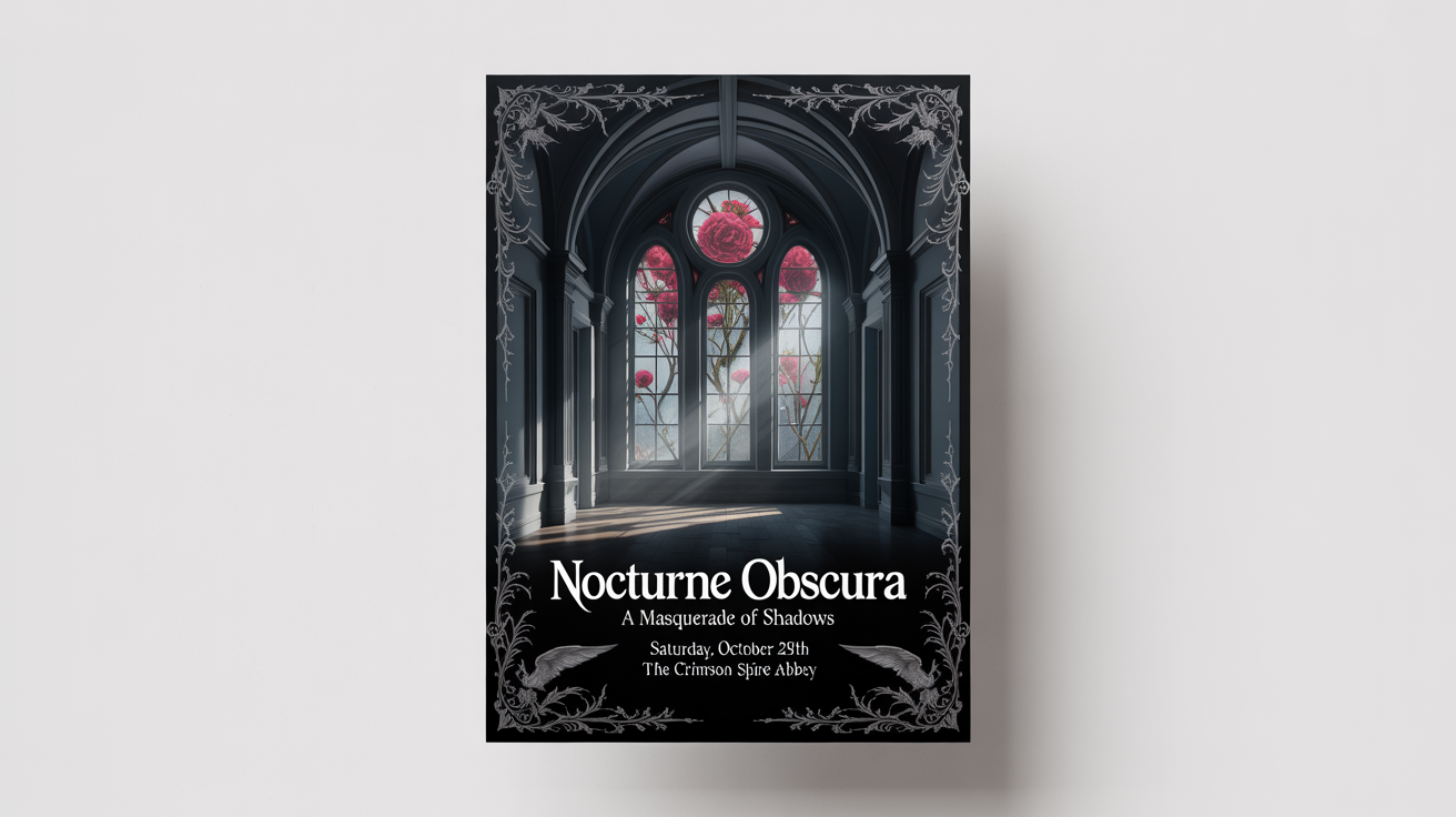 A mockup of a gothic-themed poster for an event called 'Nocturne Obscura', featuring dark, ornate typography and imagery of a moonlit ballroom, set against a white background.