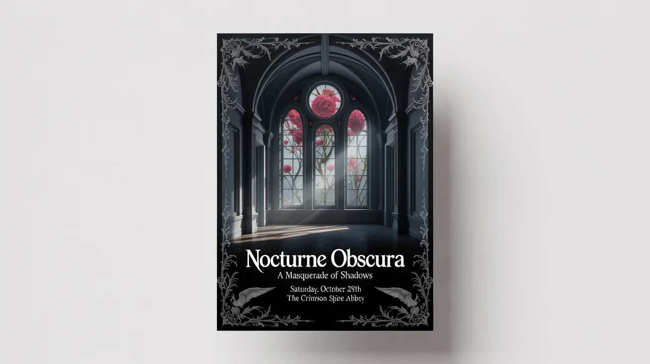 A mockup of a gothic-themed poster for an event called 'Nocturne Obscura', featuring dark, ornate typography and imagery of a moonlit ballroom, set against a white background.