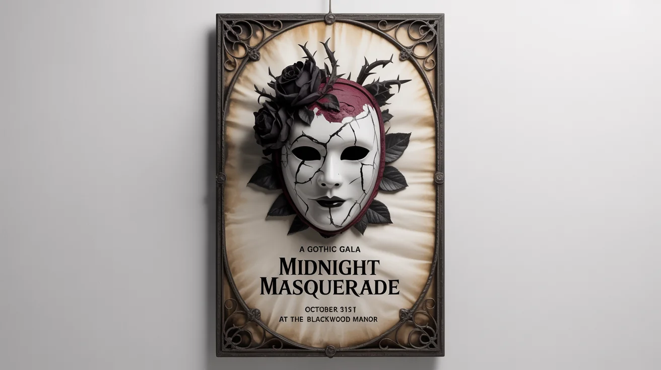 A gothic-style poster mockup on a white background. The poster advertises 'The Midnight Masquerade' with ornate text, featuring an illustration of a Venetian mask and black roses.