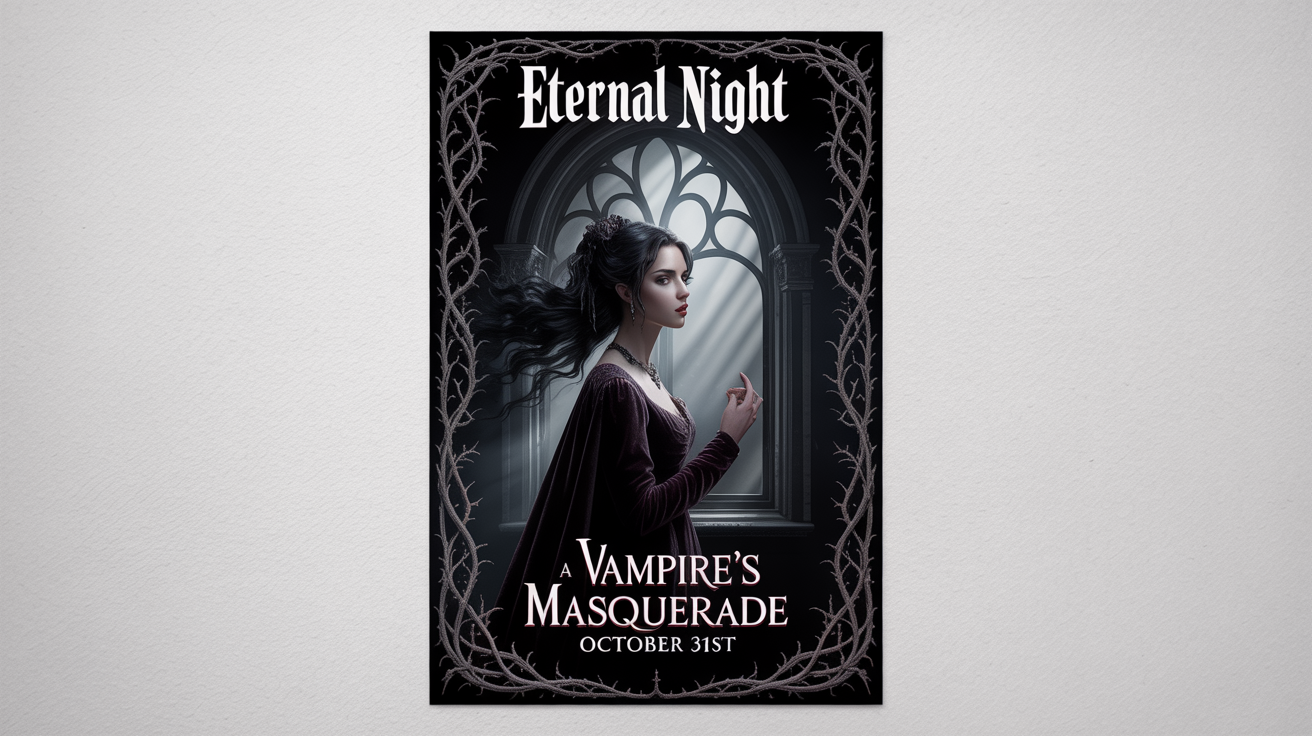 A photorealistic mockup of a gothic-style poster for a fictional event called 'Eternal Night: A Vampire's Masquerade', set against a white background. The poster features a dark, romantic design with a figure in front of a cathedral window.