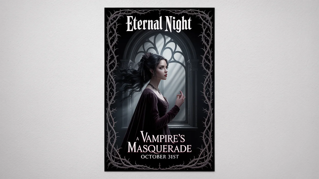 A photorealistic mockup of a gothic-style poster for a fictional event called 'Eternal Night: A Vampire's Masquerade', set against a white background. The poster features a dark, romantic design with a figure in front of a cathedral window.