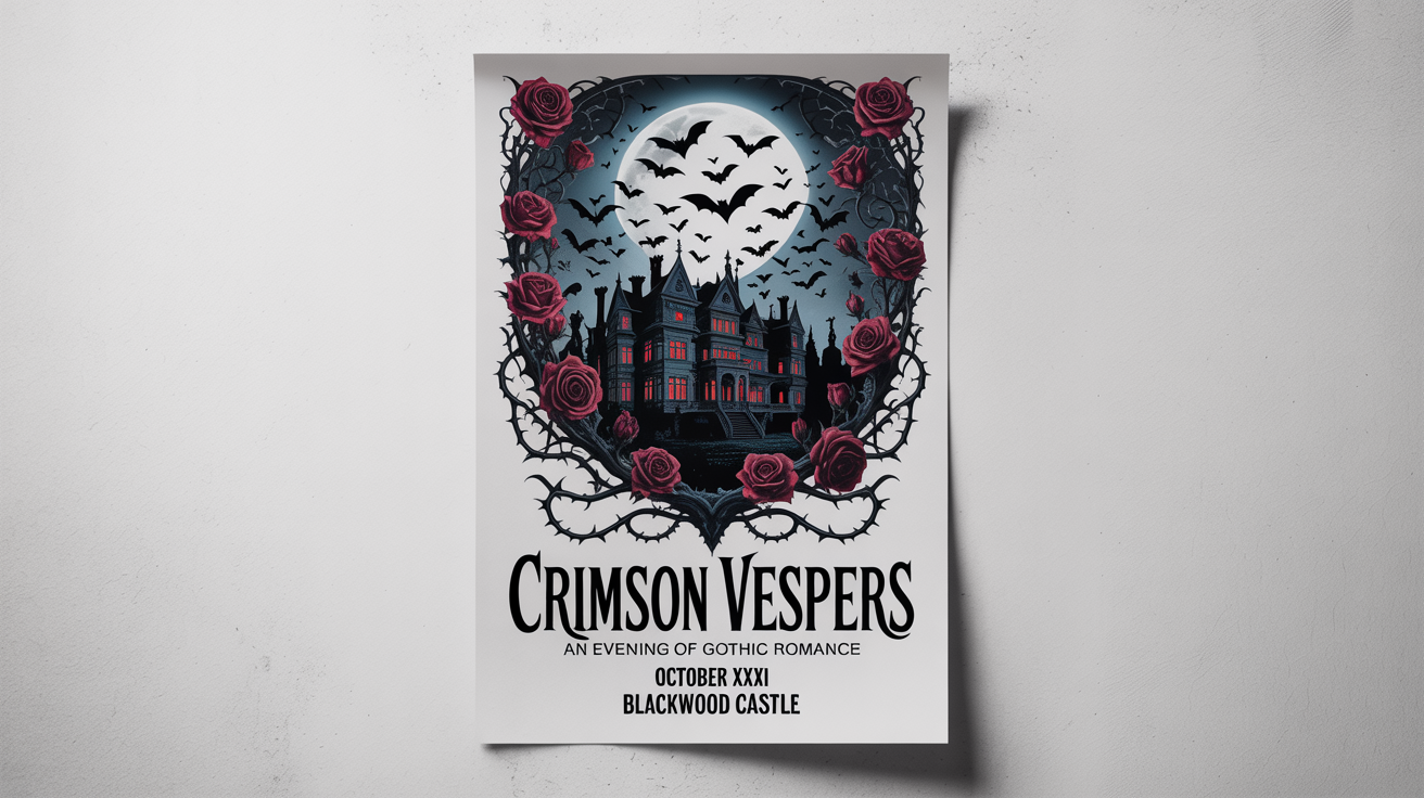 A mockup of a gothic event poster titled 'Crimson Vespers' against a white background. The poster features a dark Victorian manor, a full moon, and a border of thorny red and black roses.