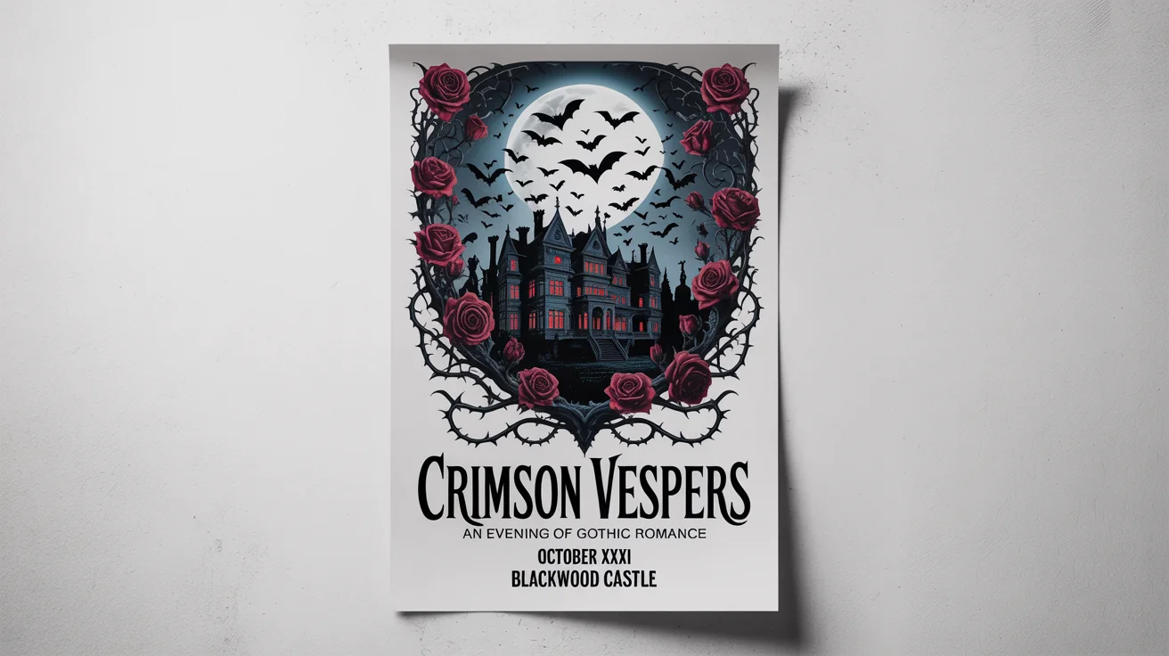A mockup of a gothic event poster titled 'Crimson Vespers' against a white background. The poster features a dark Victorian manor, a full moon, and a border of thorny red and black roses.