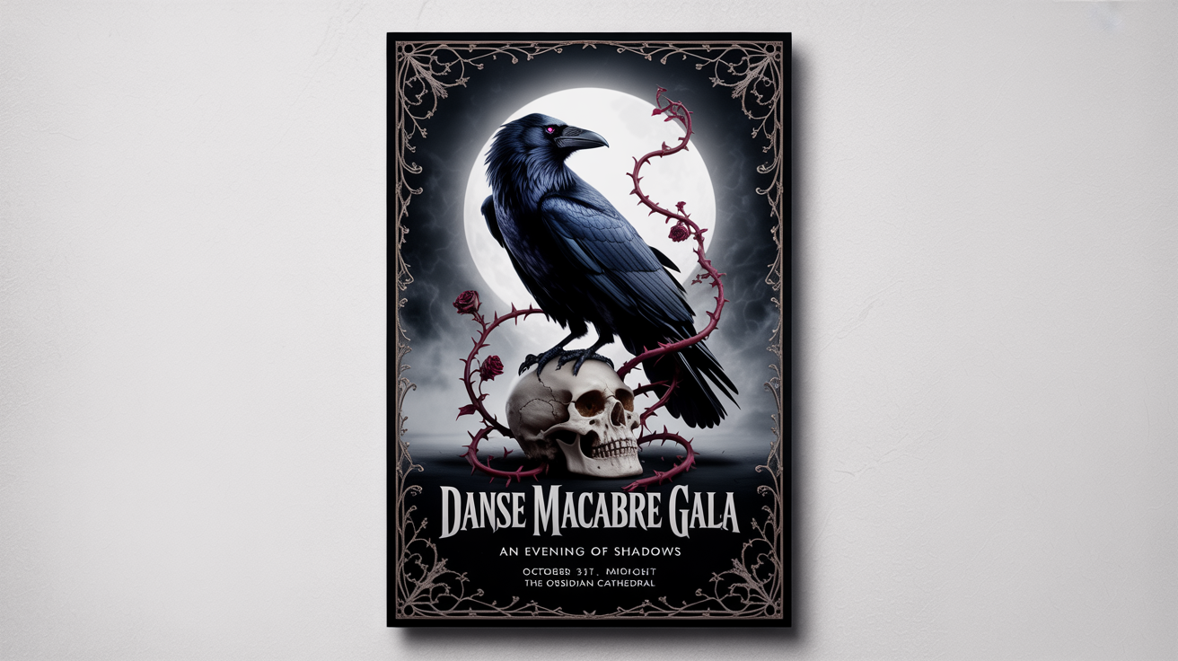 A mockup of a gothic-style poster for an event called 'Danse Macabre Gala,' featuring a raven on a skull, thorny roses, and ornate typography on a dark, moody background, all set against a plain white backdrop.