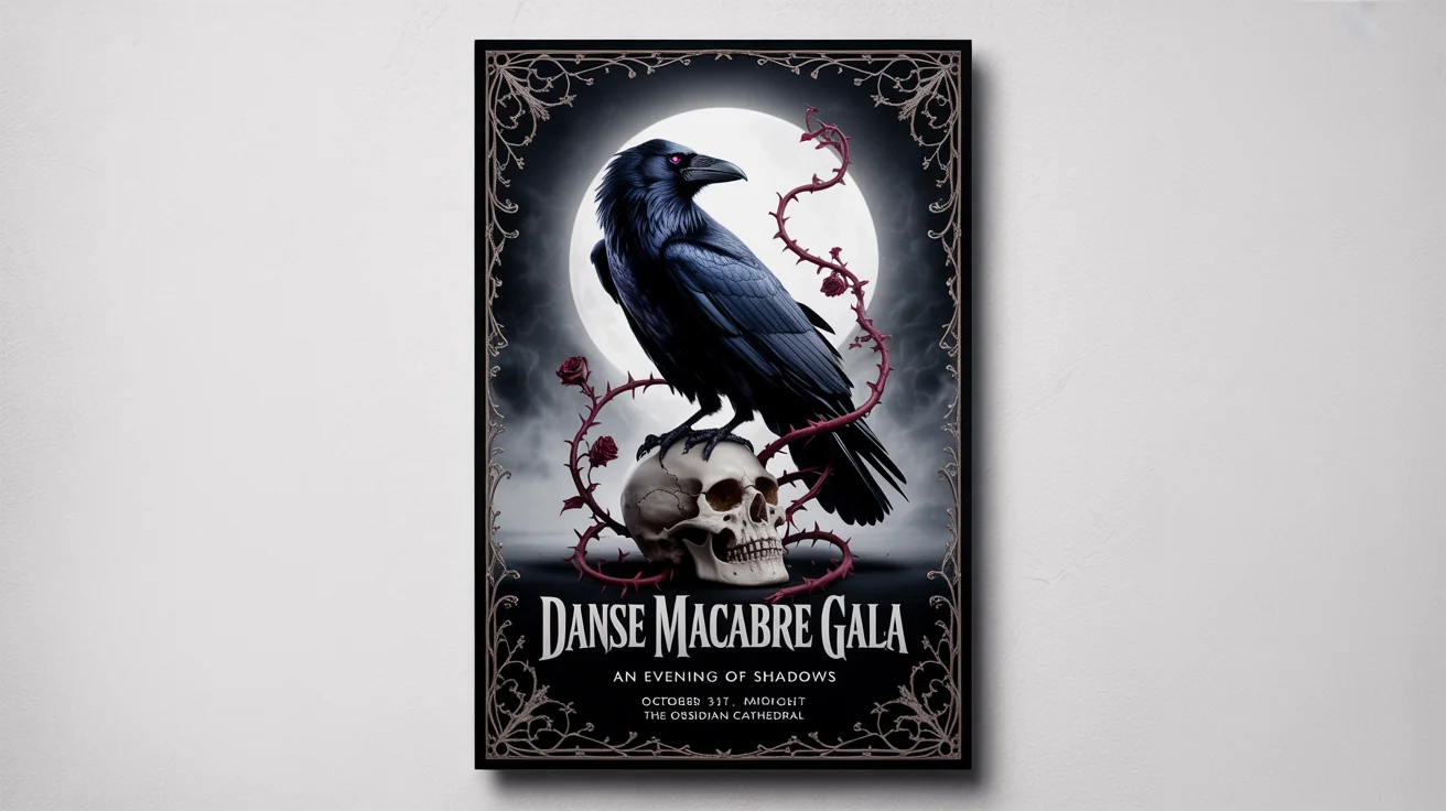 A mockup of a gothic-style poster for an event called 'Danse Macabre Gala,' featuring a raven on a skull, thorny roses, and ornate typography on a dark, moody background, all set against a plain white backdrop.