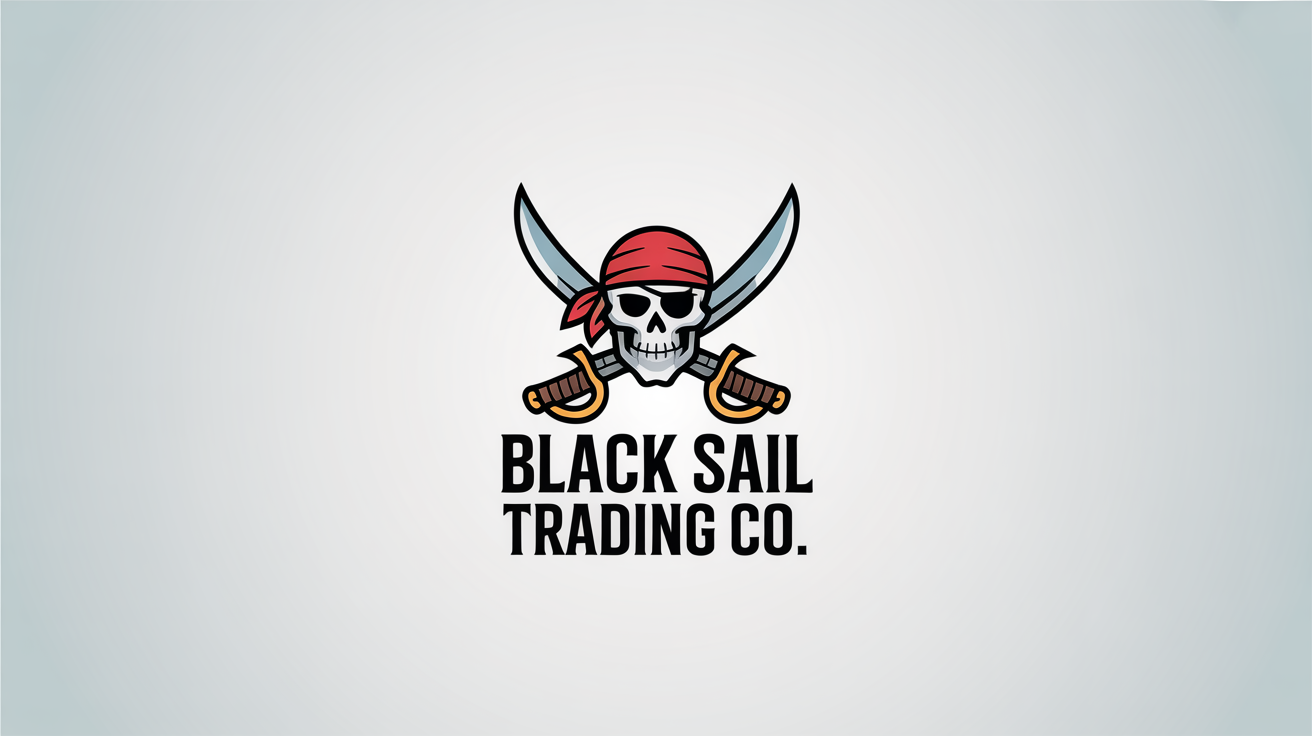 A modern pirate logo for 'Black Sail Trading Co.' featuring a stylized skull with a red bandana and two crossed swords, displayed on a clean background.
