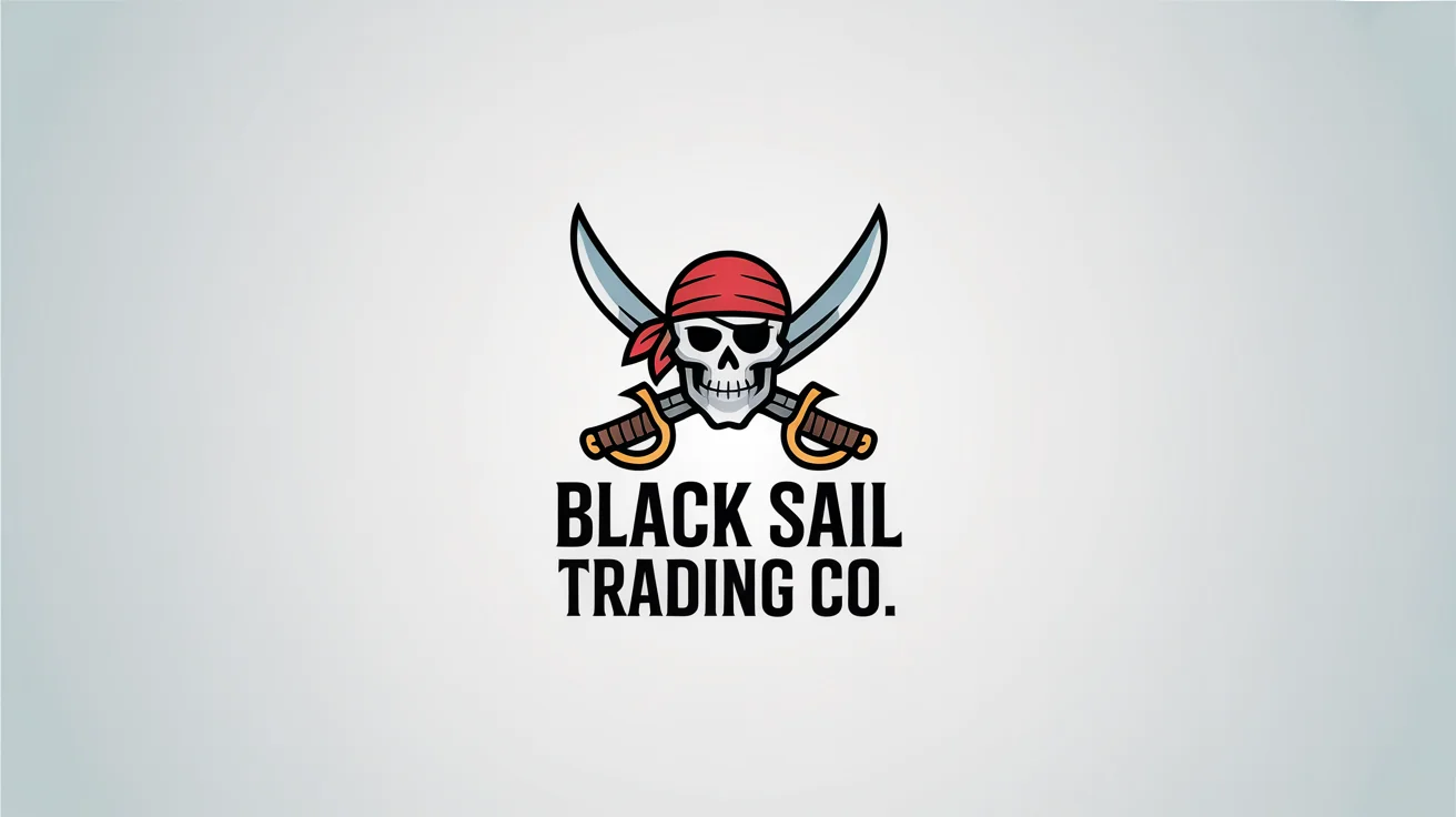 A modern pirate logo for 'Black Sail Trading Co.' featuring a stylized skull with a red bandana and two crossed swords, displayed on a clean background.