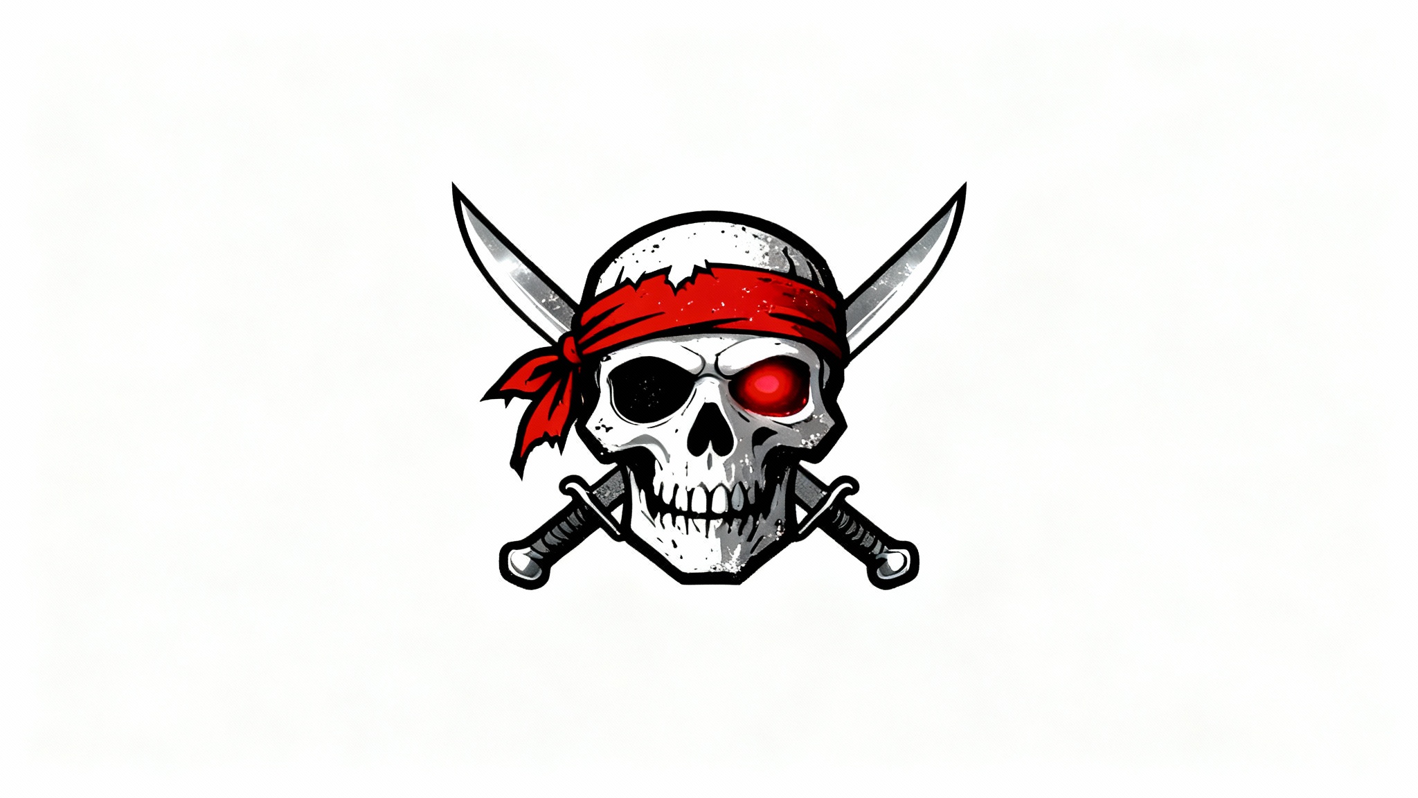 A modern pirate logo mockup featuring a stylized skull with a red bandana and crossed cutlasses, presented on a clean white background.