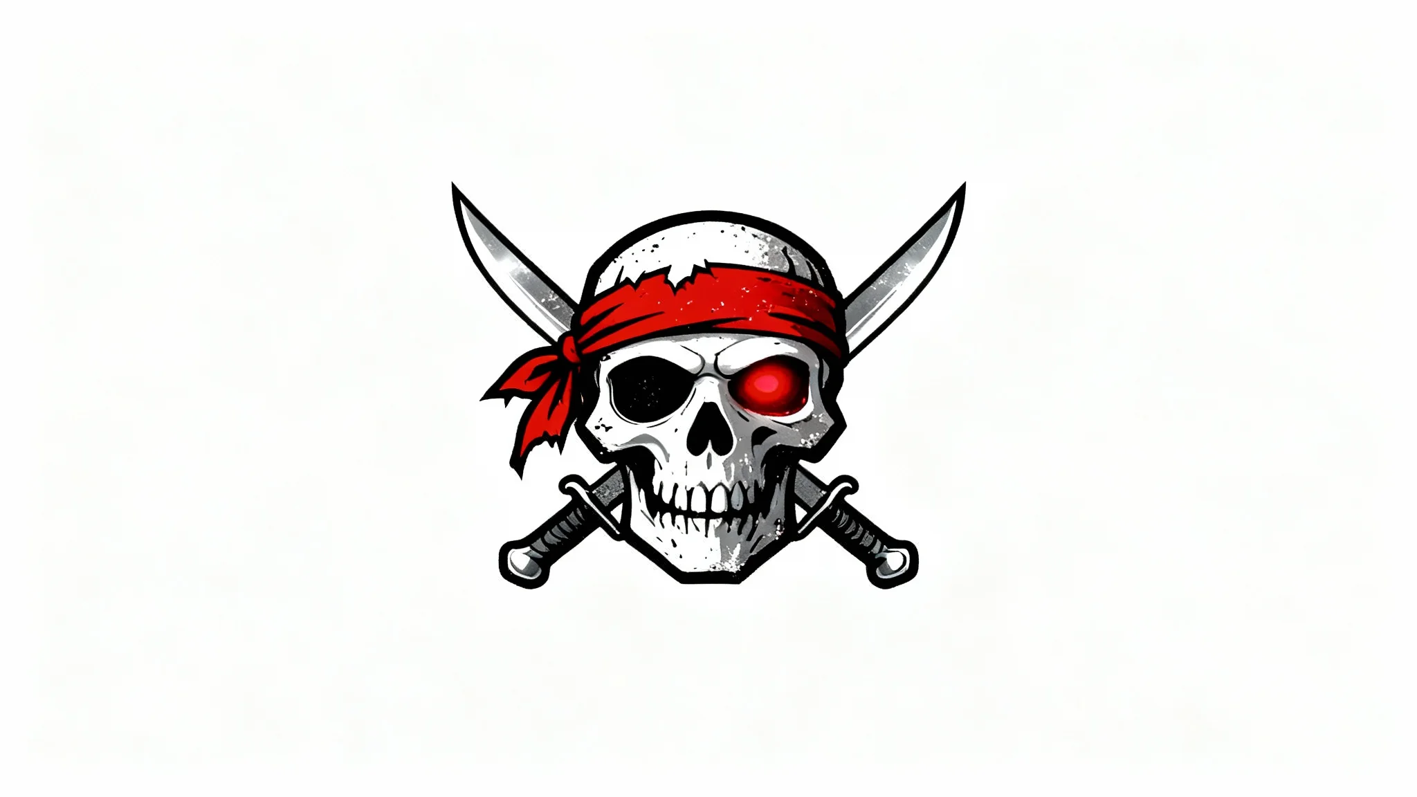 A modern pirate logo mockup featuring a stylized skull with a red bandana and crossed cutlasses, presented on a clean white background.