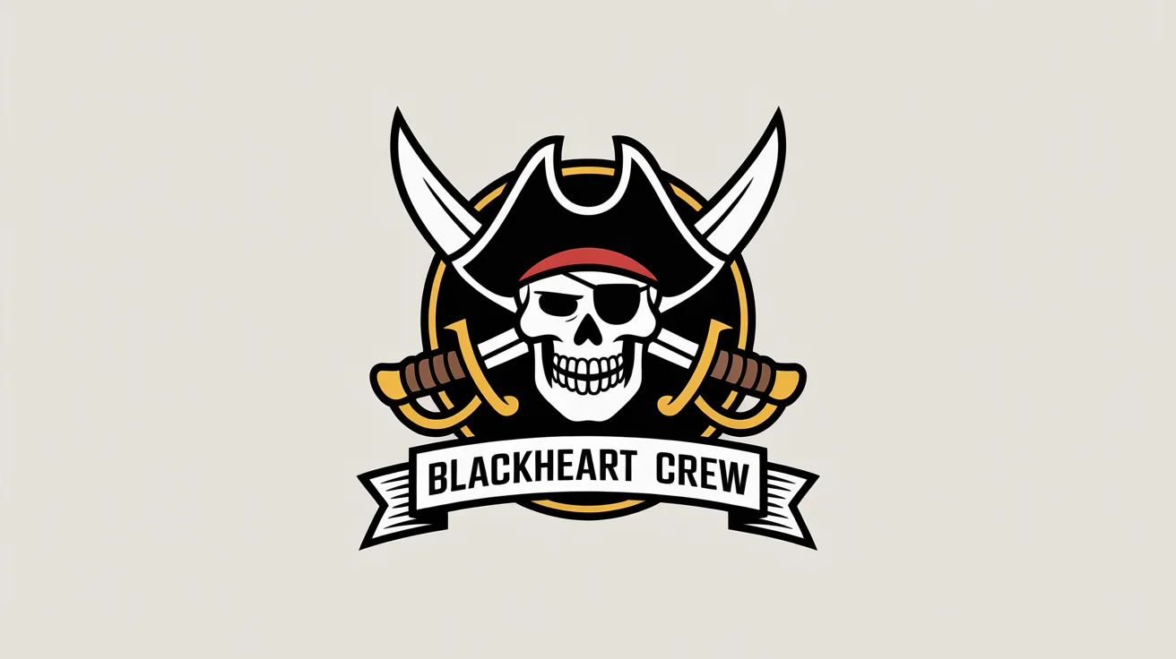 A modern pirate logo featuring a skull with a captain's hat and eyepatch, set against two crossed swords. A banner below reads 'Blackheart Crew'. The logo is in black, white, and gold on a white background.