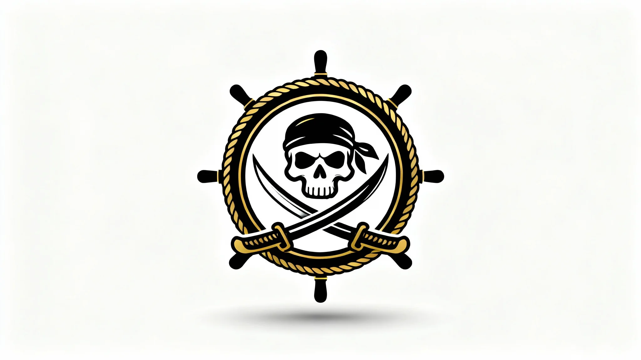 A modern, bold pirate logo featuring a stylized skull in a bandana with crossed cutlasses below, all enclosed in a circle. The logo is black, off-white, and gold, shown as a mockup on a white background.