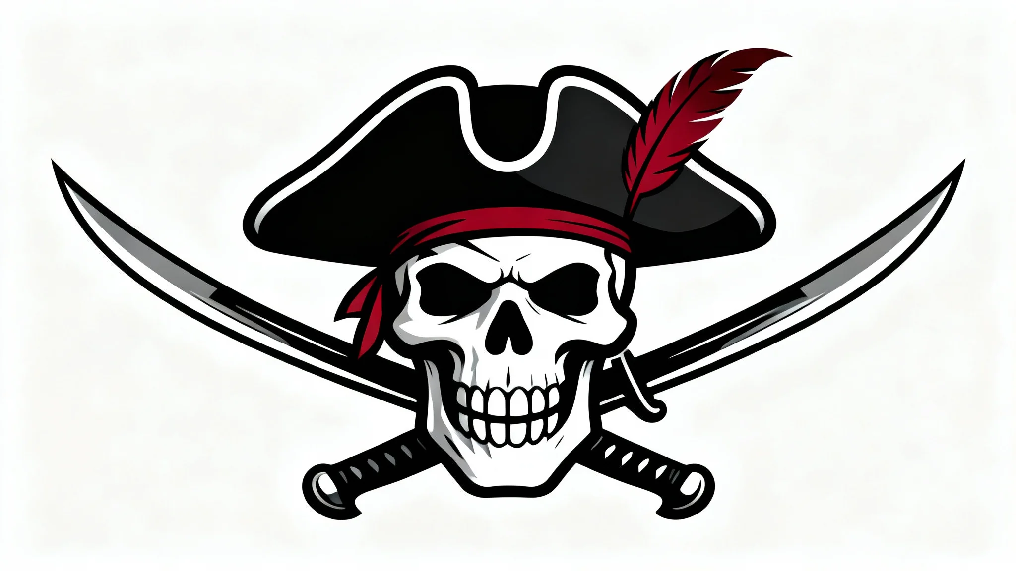 A modern pirate logo with a stylized skull wearing a tricorn hat and two crossed swords behind it, on a clean white background.