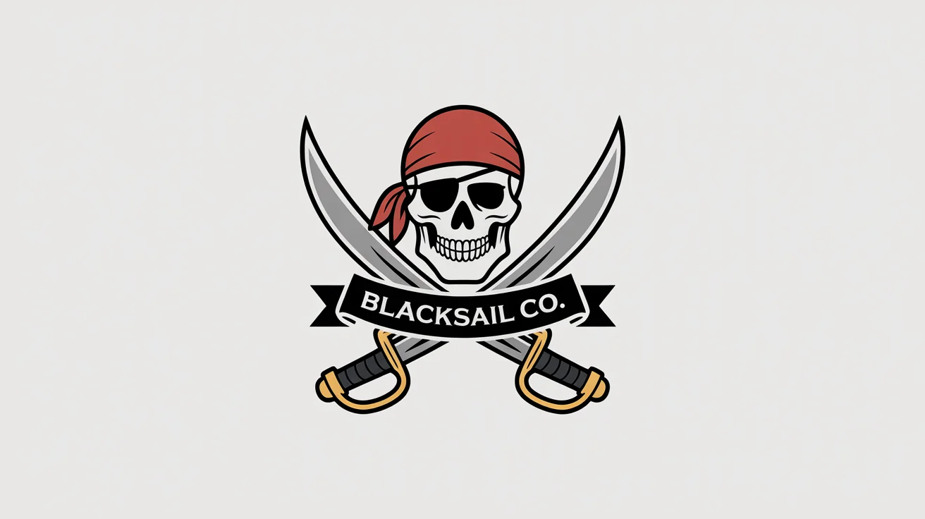 A modern pirate logo mockup featuring a skull in a red bandana and an eyepatch, with two crossed swords underneath. A banner reads 'BLACKSAIL CO.'.