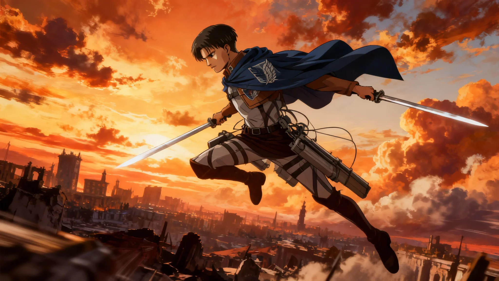 A polished 16:9 anime background of Levi Ackerman from Attack on Titan, showing him in a dynamic mid-air pose with his blades drawn against a dramatic sunset sky over city ruins.