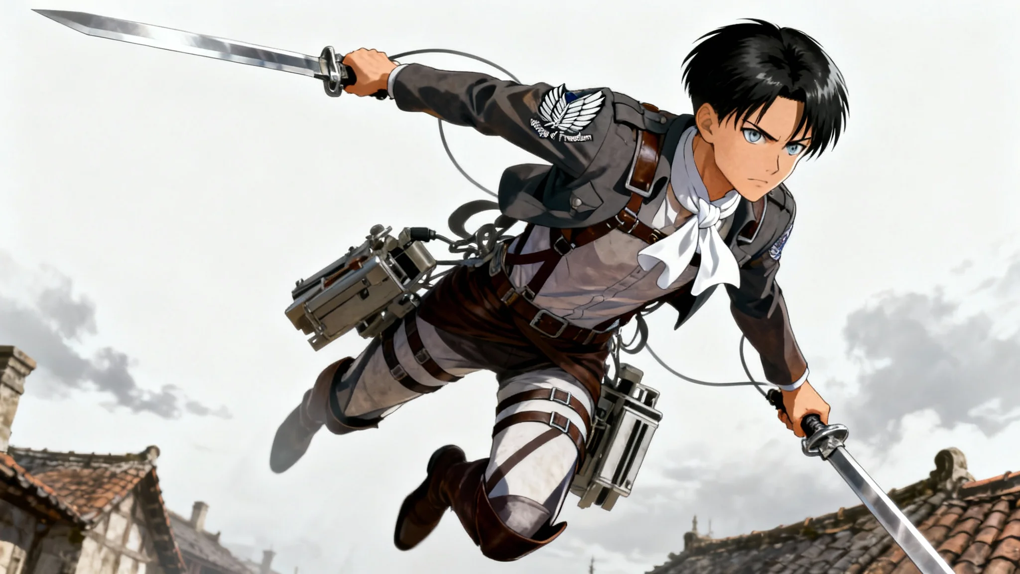 A digital art mockup of a Levi Ackerman background, showing the character in a dynamic mid-air pose with his swords, presented as a standalone art piece on a white background.