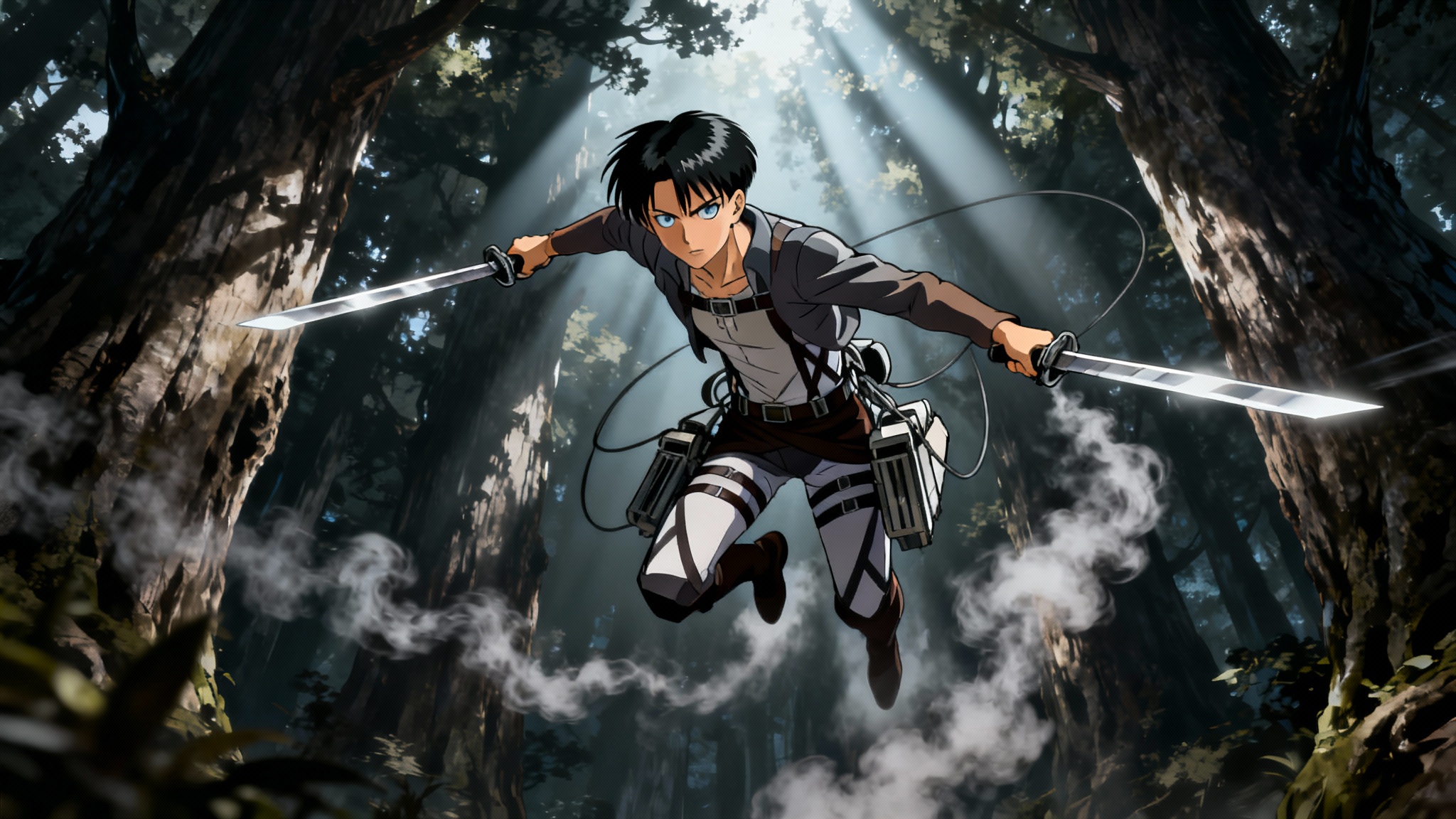 An anime-style illustration of Levi Ackerman from Attack on Titan in a dynamic action pose, flying through a dark forest of giant trees with his blades drawn.