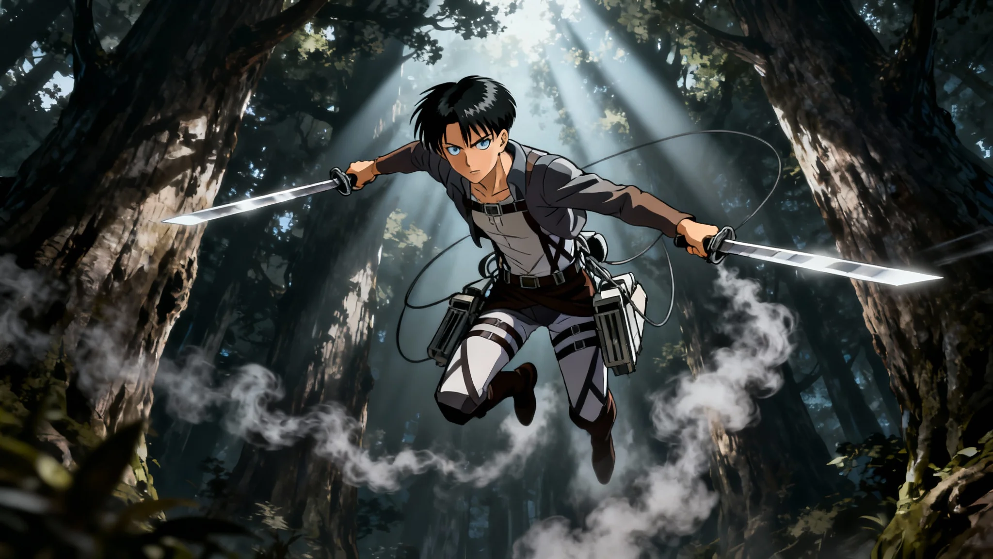 An anime-style illustration of Levi Ackerman from Attack on Titan in a dynamic action pose, flying through a dark forest of giant trees with his blades drawn.