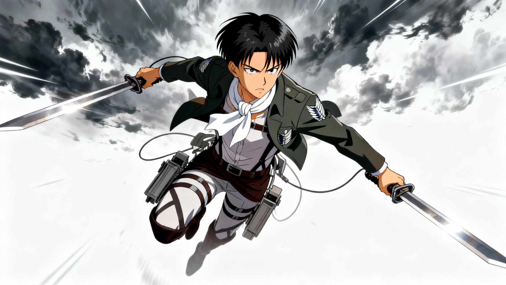 A dynamic anime illustration of Levi Ackerman from Attack on Titan in a combat pose, isolated on a white background.
