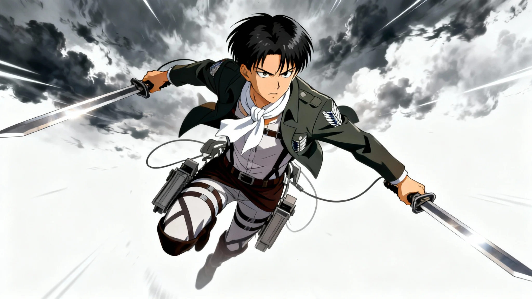A dynamic anime illustration of Levi Ackerman from Attack on Titan in a combat pose, isolated on a white background.