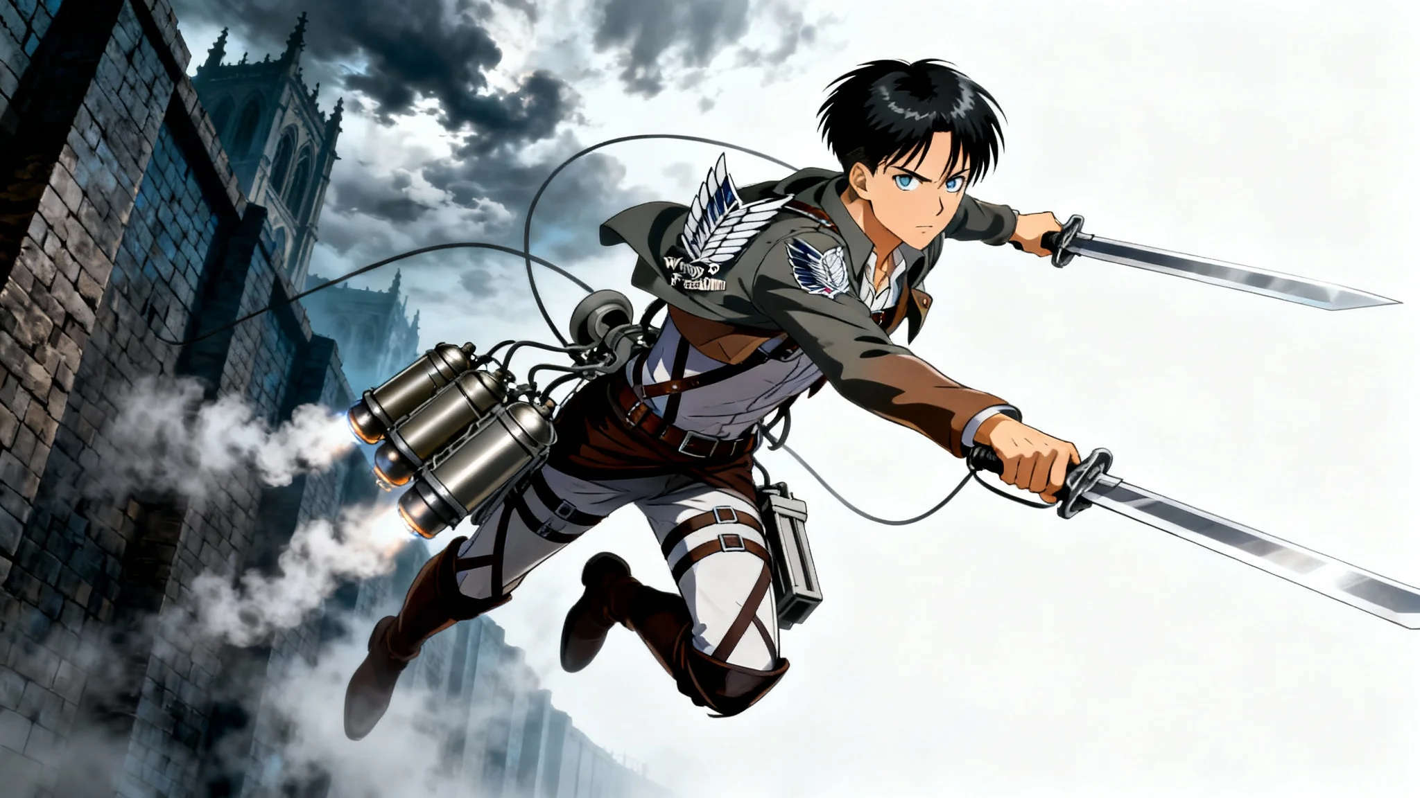 A dramatic anime-style mockup of Levi Ackerman from Attack on Titan in a dynamic mid-air pose using his ODM gear, set against a moody, atmospheric background.