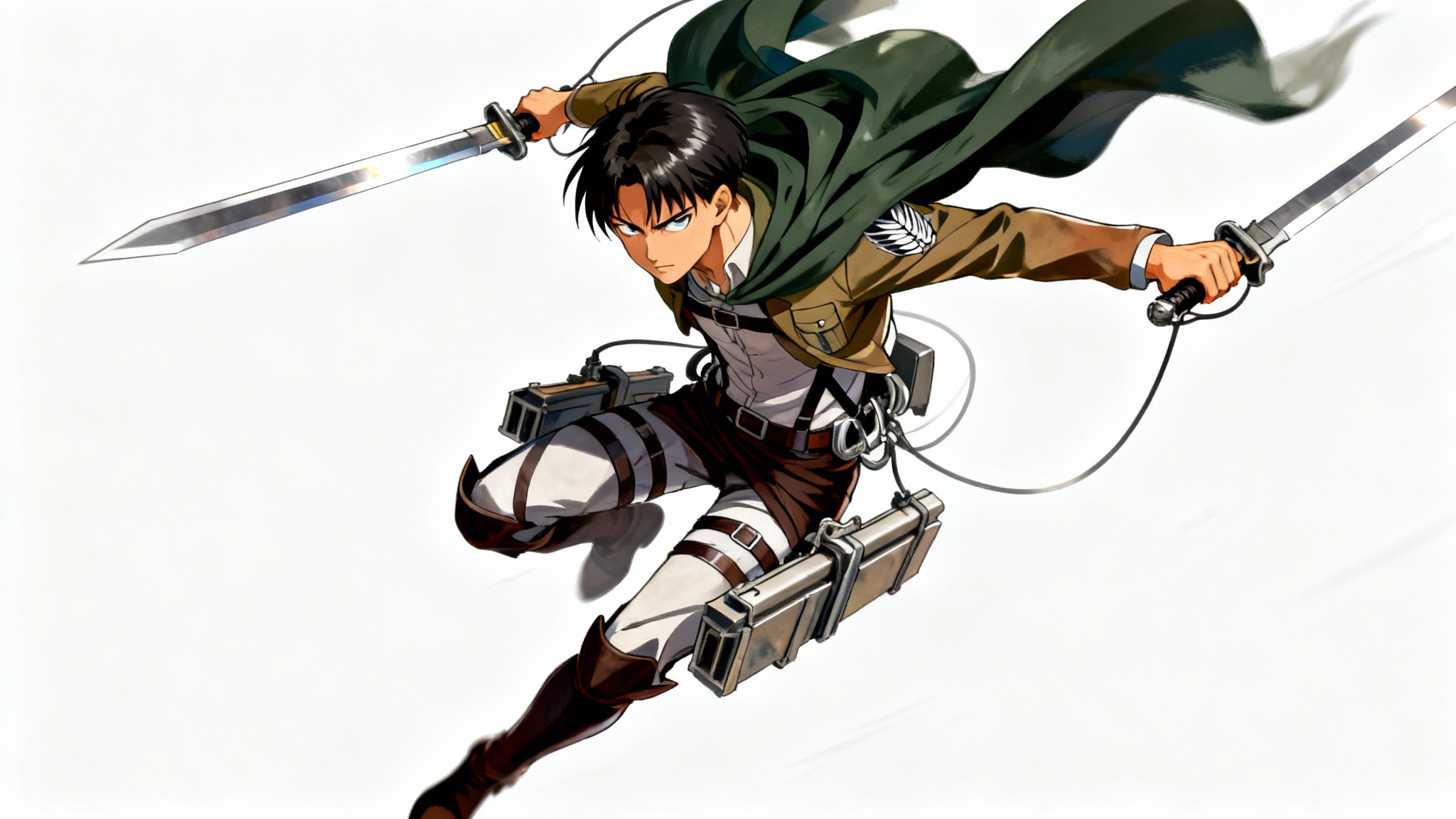 An epic digital illustration of Levi Ackerman from Attack on Titan in a dynamic pose against a white background, wielding his blades and using his ODM gear.