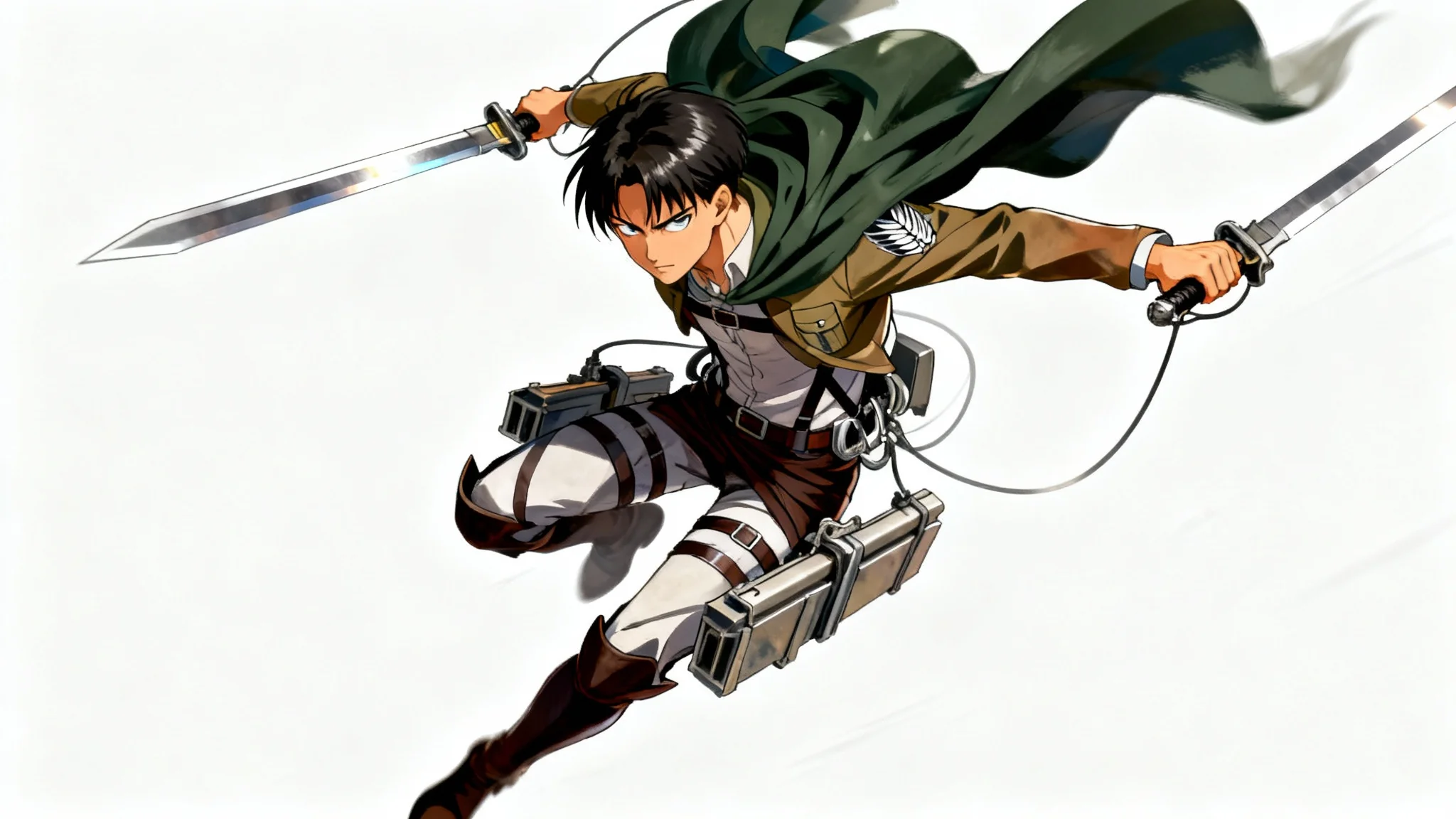 An epic digital illustration of Levi Ackerman from Attack on Titan in a dynamic pose against a white background, wielding his blades and using his ODM gear.