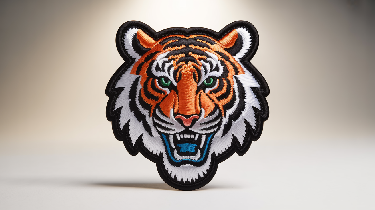 A photorealistic, large embroidered patch of a roaring tiger's head in vibrant colors, shown against a plain background to highlight the detailed stitching and 3D effect.