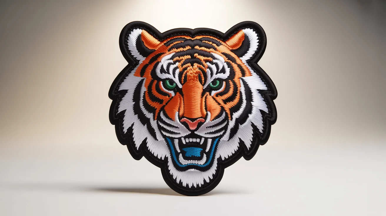 A photorealistic, large embroidered patch of a roaring tiger's head in vibrant colors, shown against a plain background to highlight the detailed stitching and 3D effect.