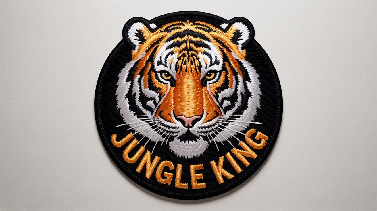 A detailed embroidered patch of a roaring tiger head with the words 'JUNGLE KING' below it, shown on a white background to demonstrate a patch embroidery effect.