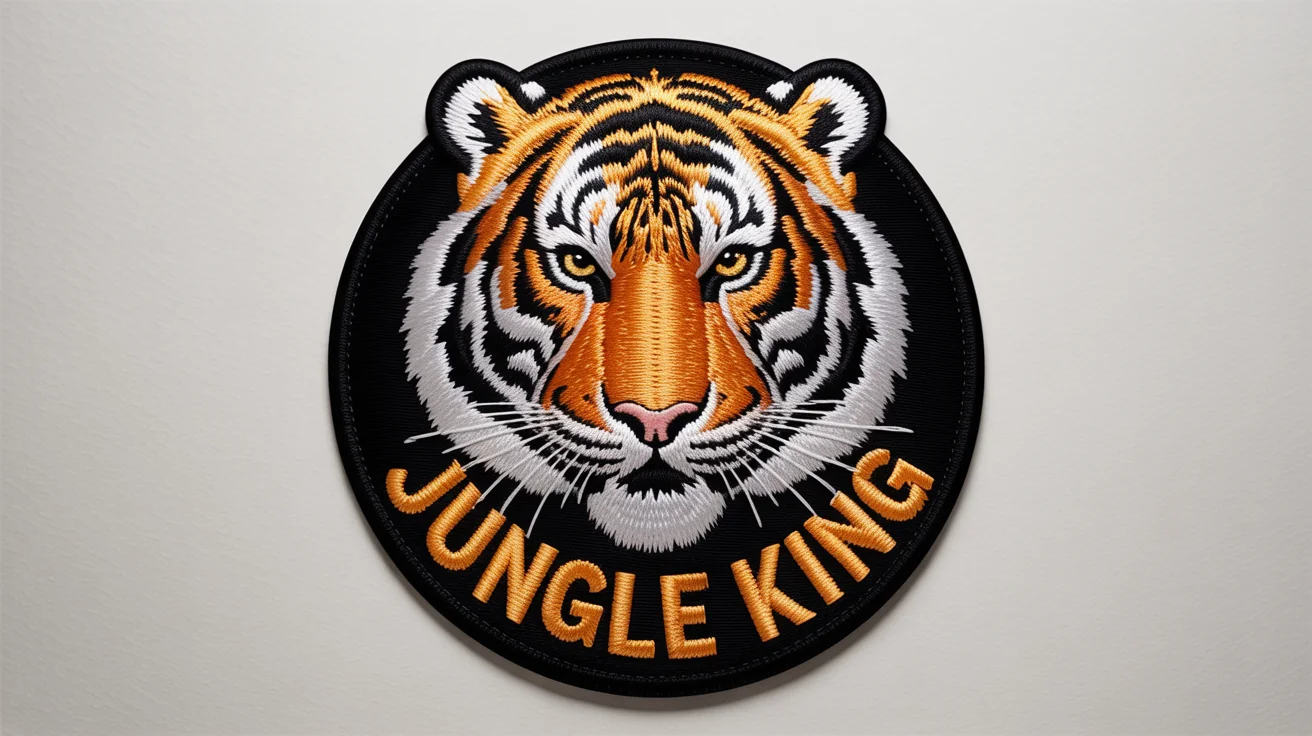 A detailed embroidered patch of a roaring tiger head with the words 'JUNGLE KING' below it, shown on a white background to demonstrate a patch embroidery effect.