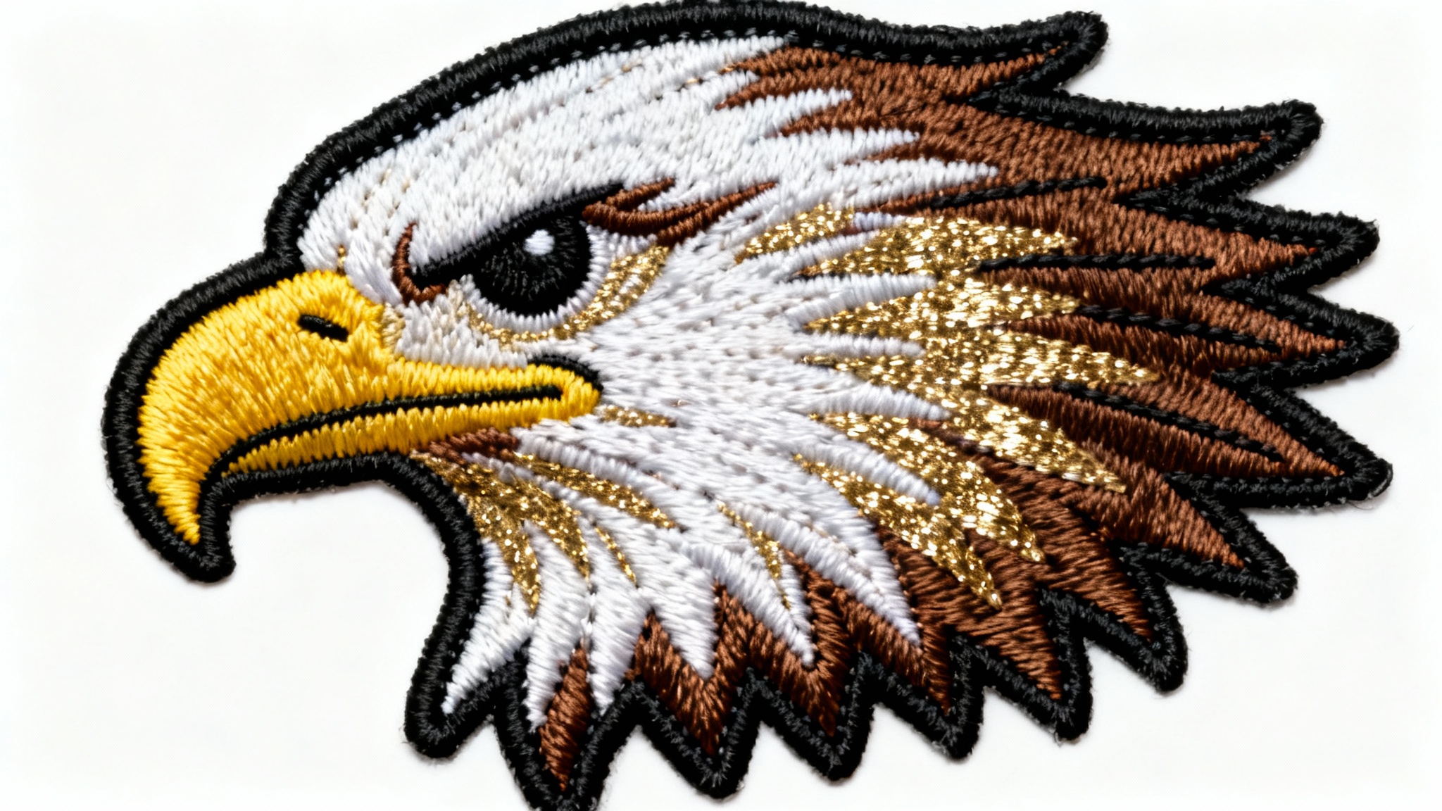 A photorealistic close-up of a circular embroidered patch showing a detailed eagle head, highlighting the intricate threadwork and 3D texture against a clean white background.