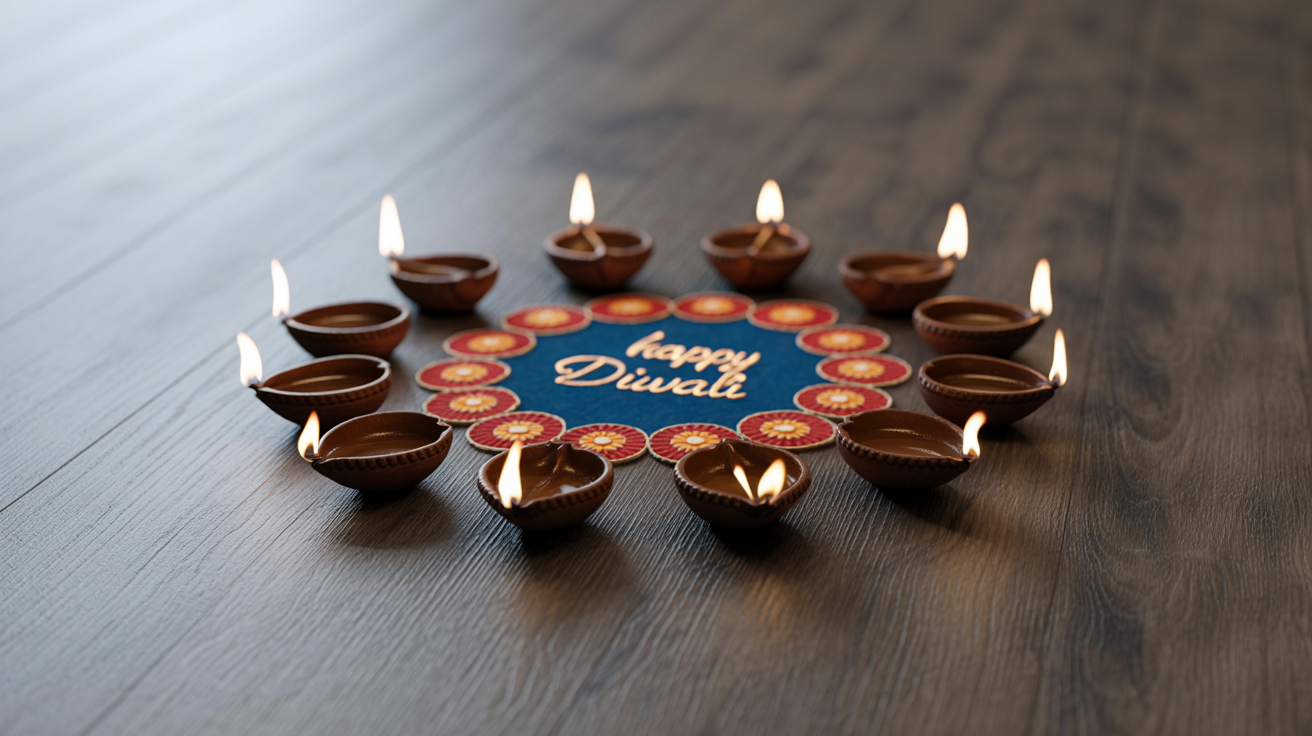 A polished digital graphic for Diwali featuring the text 'Happy Diwali' in gold. The background shows colorful fireworks in a night sky, with glowing diyas and a vibrant rangoli pattern in the foreground.